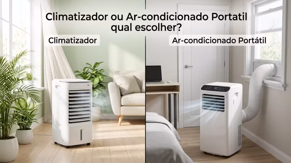 Comparativo entre climatizador de ar com reservatório de água e ar-condicionado portátil com mangueira de exaustão em uma sala.